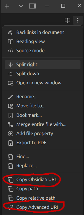 Obsidian menu showing Copy Obsidian URL option